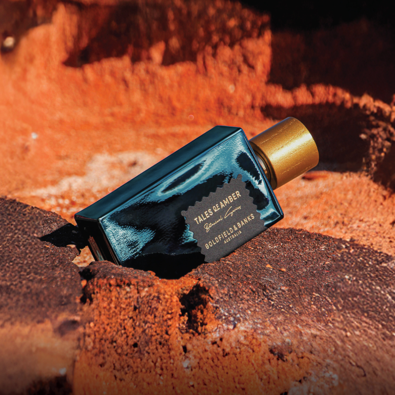 Tales of Amber perfume bottle with gold cap on reddish textured surface