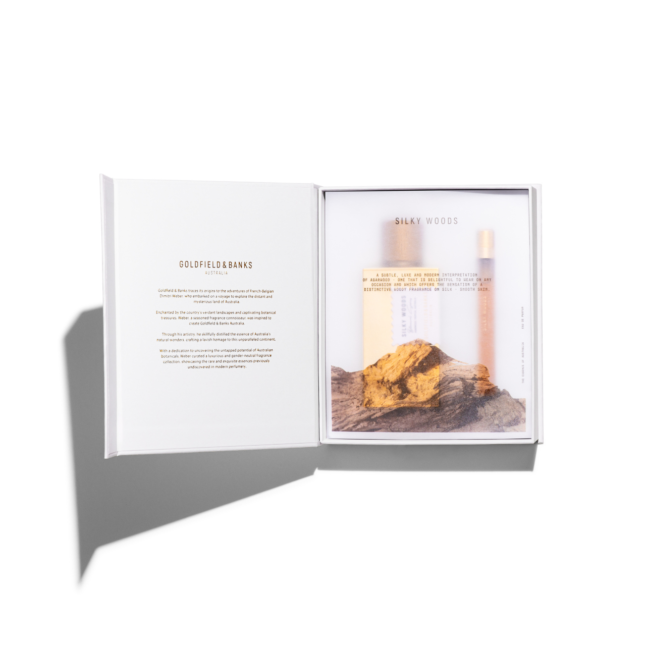 Silky Woods Holiday Gift Set with 100ml Eau de Parfum and 10ml travel spray in gold-lacquered box