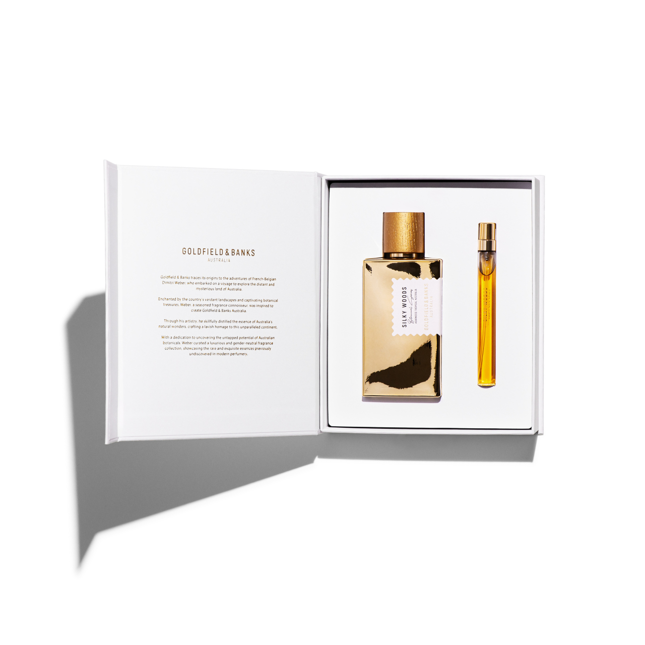 Silky Woods Holiday Gift Set with gold lacquered 100ml Eau de Parfum and 10ml travel spray in white box