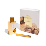 Silky Woods Holiday Gift Set with 100ml golden bottle and 10ml travel spray by Goldfield & Banks, woody gourmand fragrance from Australian botanicals.