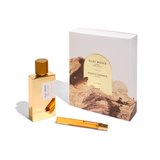 Silky Woods Holiday Gift Set with 100ml golden bottle and 10ml travel spray by Goldfield & Banks, woody gourmand fragrance from Australian botanicals.