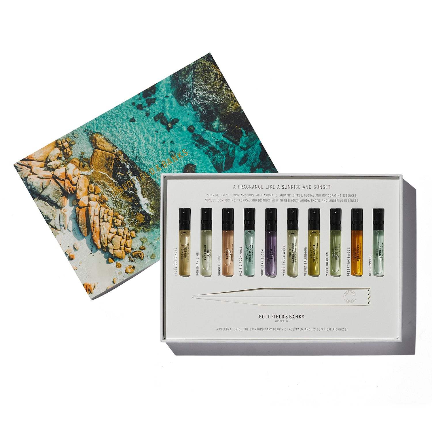Discovery Sample Collection with 10 x 2ml fragrance vials in a box featuring coastal artwork