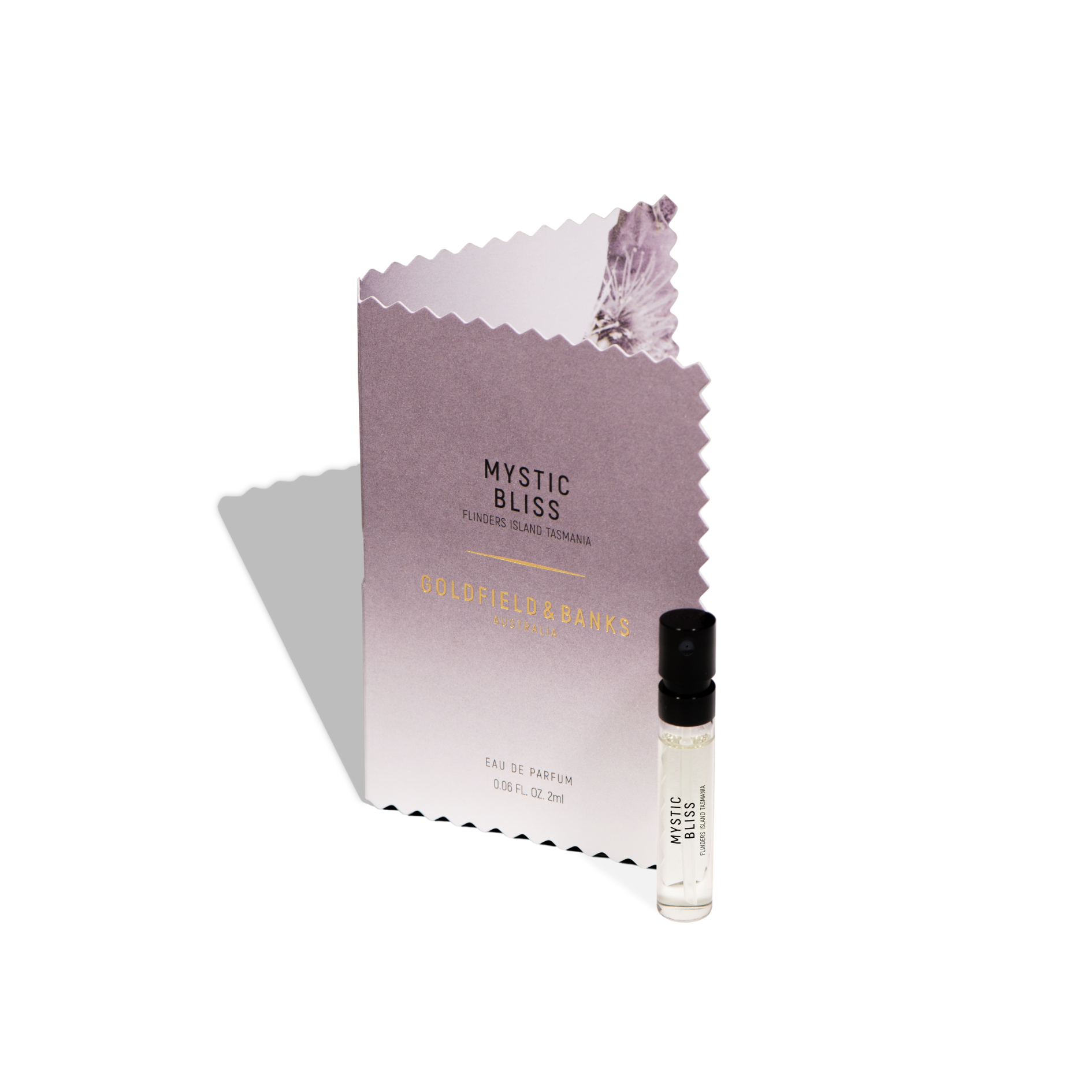Mystic Bliss 2ml sample perfume vial with purple gradient card packaging