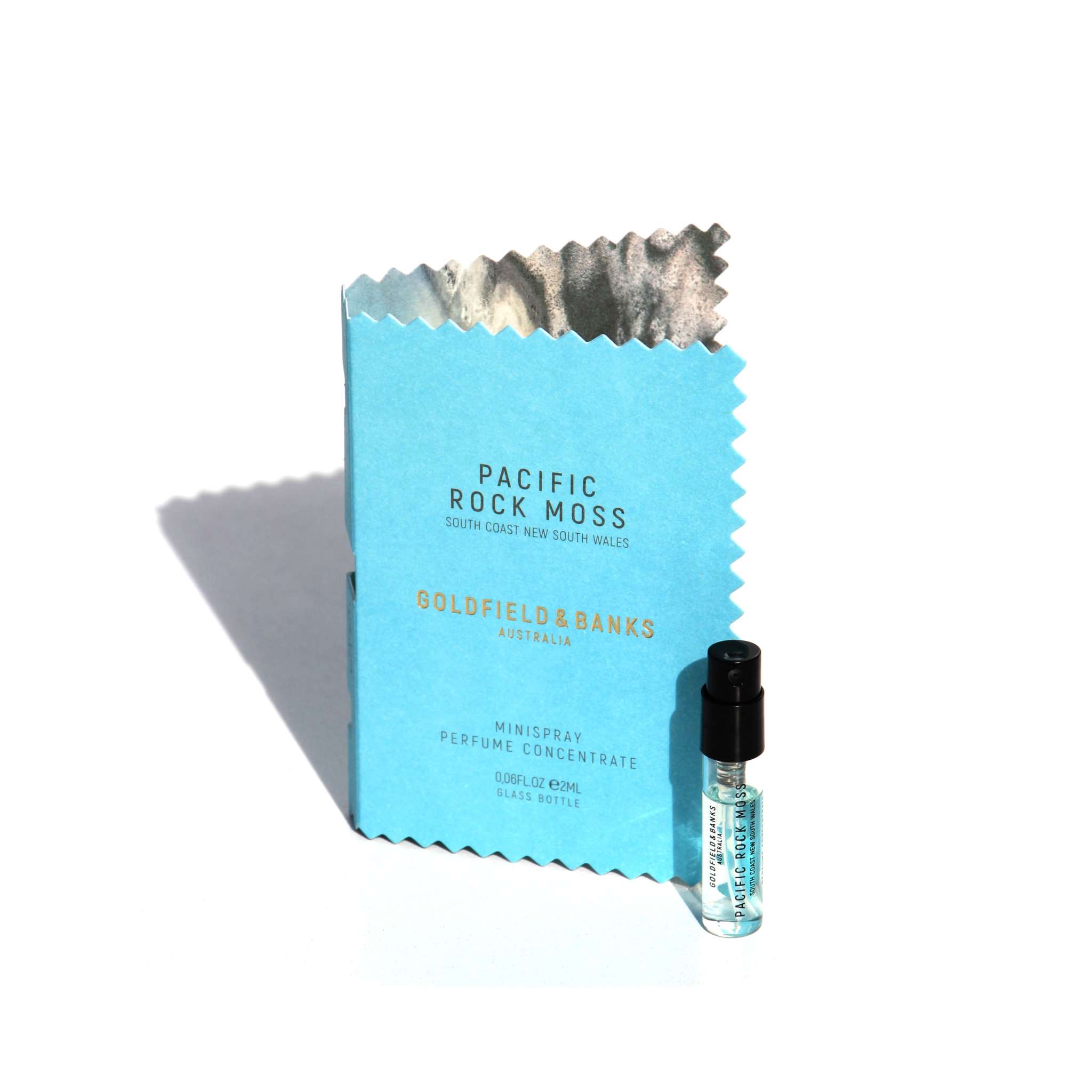 Pacific Rock Moss 2ml perfume sample with blue packaging and spray bottle